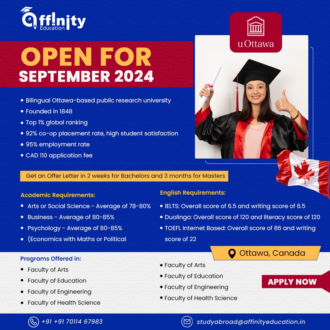 Exciting news for aspiring students! Open the door to success this September 2024 at the University of Ottawa, Canada.🎓

#Affinityeducation #UOttawaAdmissions #CanadianEducation #StudyAbroad2024