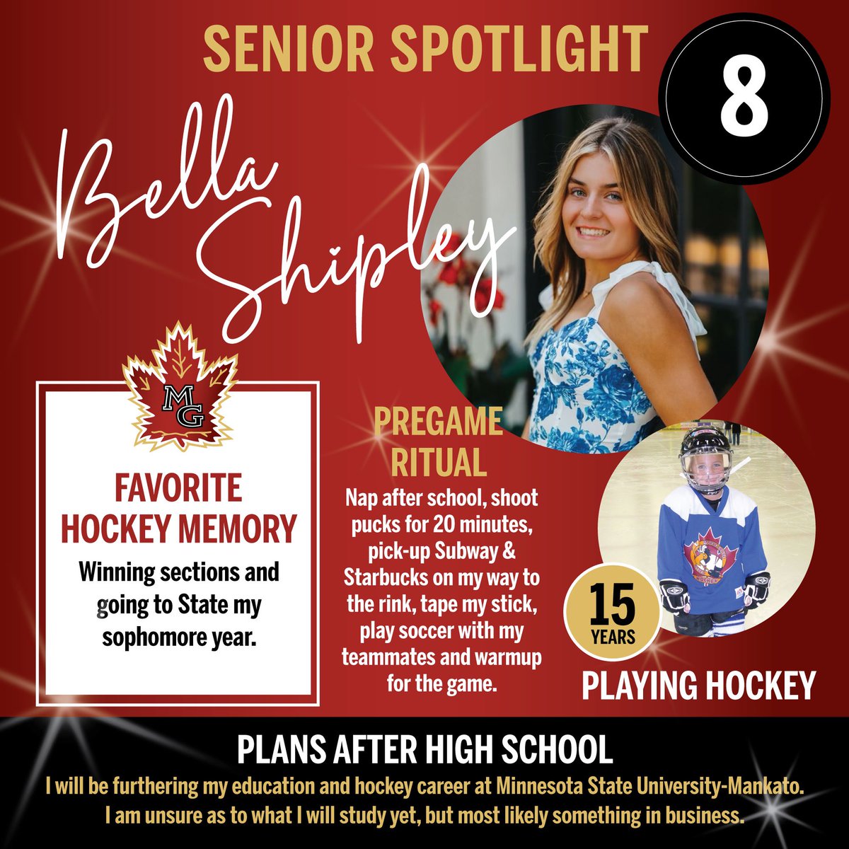 Senior Forward #8 Bella Shipley! Hustling 💯at all times! Making things happen whenever she is on the ice💪 <a href="/MGgirlshockey/">MGSH Girls Hockey Boosters</a> <a href="/MGActivities/">Crimson Activities</a>
