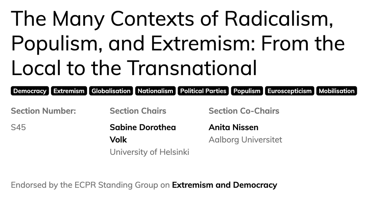 Sabine Volk (@sabinedvolk) on Twitter photo #ecprgc24
10 more days to submit proposals for the <a href="/ECPR/">European Consortium for Political Research</a> <a href="/ecpr_ed/">ECPR SG Extremism & Democracy</a> section on radicalism, extremism and populism! @AnitaNissen and I welcome a broad variety of work on far-right & far-left politics, actors & discourses, parties & movements, etc. ecpr.eu/Events/Event/S… #ecprgc24
10 more days to submit proposals for the <a href="/ECPR/">European Consortium for Political Research</a> <a href="/ecpr_ed/">ECPR SG Extremism & Democracy</a> section on radicalism, extremism and populism! @AnitaNissen and I welcome a broad variety of work on far-right & far-left politics, actors & discourses, parties & movements, etc. ecpr.eu/Events/Event/S…