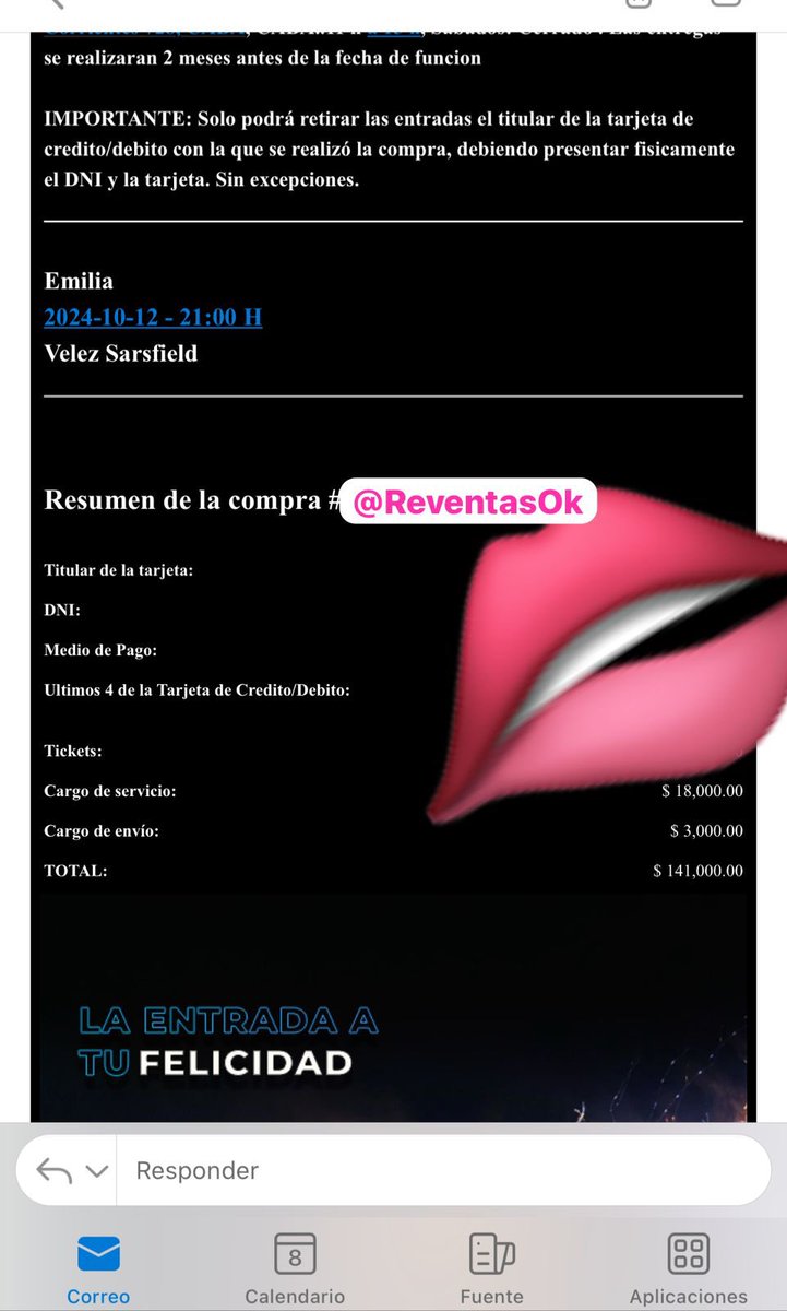 ReventasOk2's tweet photo. VENDO ENTRADAS EMILIA MERNES EN VELEZ 12/10 💋

- 3 ENTRADAS / Campo general con acceso a tribuna 🎫 MISMO PRECIO DE COMPRA

• Son entradas físicas = punto de encuentro
• Referencias de ventas anteriores
• Presento todos los comprobantes https://t.co/pjYsfSsXZZ