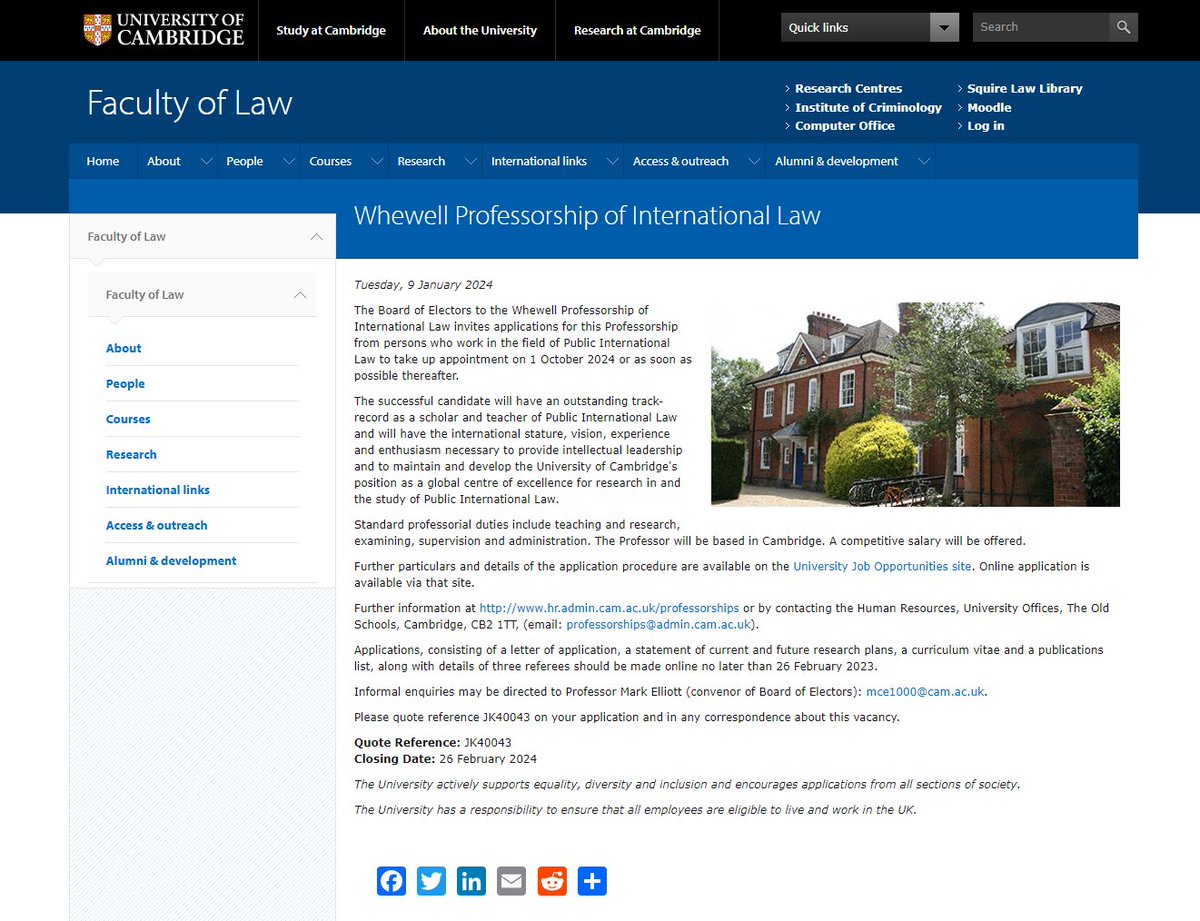 Following the announcement of the retirement of @EBenvenisti (@Lauterpacht_Ctr) we are seeking applicants for the prestigious Whewell Professorship: the applicant must have an outstanding track-record as a scholar and teacher of Public International Law: law.cam.ac.uk/press/jobs/202…