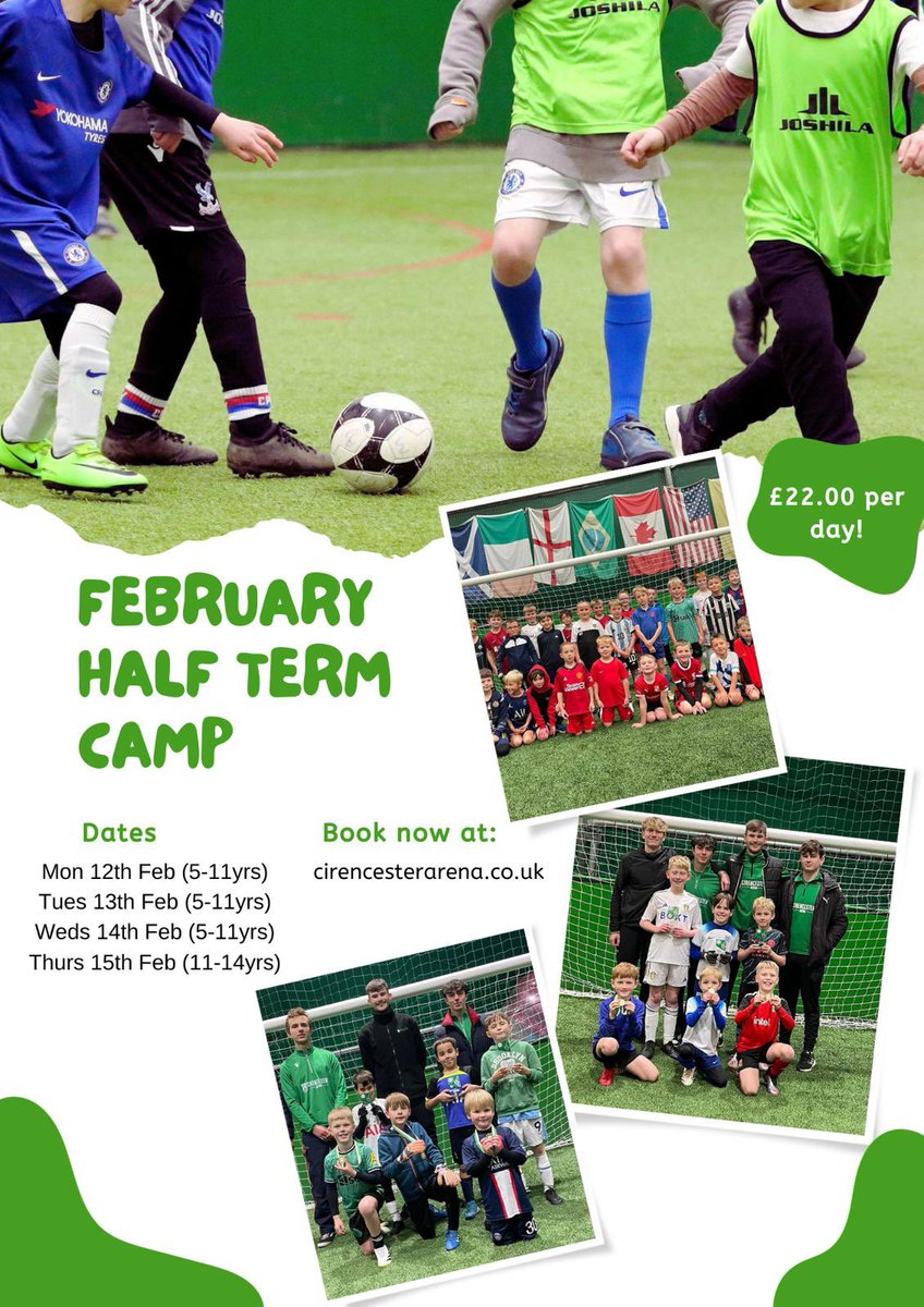 We are now taking bookings for our upcoming February Half Term Holiday Camp

Mon 12th Feb (5-11yrs)
Tues 13th Feb (5-11yrs)
Wed 14th Feb (5-11yrs)
Thurs 15th Feb (11-14yrs)

You can register by visiting our website at cirencesterarena.co.uk