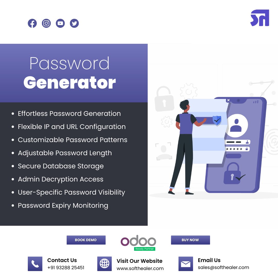 🔐 Elevate your password game with our Password Generator module! 🚀

Link: 
apps.odoo.com/apps/modules/1…

📧 Email: sales@softhealer.com

#PasswordGenerator #Security #TechInnovation
#PasswordGenius #SecurePasswords #TechSafeguard #EasyEncryption #PasswordManager #DigitalSecurity