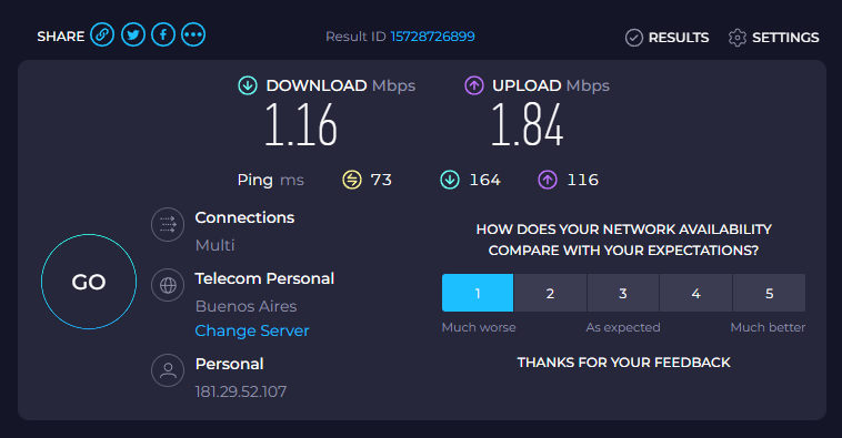 LeanYaEstaUsado's tweet photo. @PersonalFlow_At Hace años soy cliente de ustedes. Hace meses largos que vengo reclamando cortes intermitentes en el servicio. Hace días tengo el servicio que ven en la captura, medido contra un servidor de ustedes. No puedo trabajar ni puedo entrar a mi homebanking. Me cansé. https://t.co/kObFfrzK6b