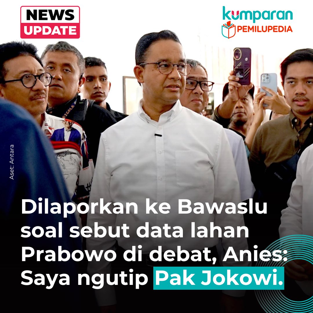 kumparan's tweet photo. Calon presiden nomor urut 01, @aniesbaswedan, menanggapi soal dirinya dilaporkan ke Bawaslu buntut mengungkapkan data lahan @prabowo saat debat pada Minggu (7/1) lalu. Anies mengatakan bahwa apa yang disampaikannya itu hanya mengutip ucapan Presiden @jokowi pada 2019 silam. #pemilupedia #newsupdate #update #news #oneliner https://t.co/sQywmIVHAx