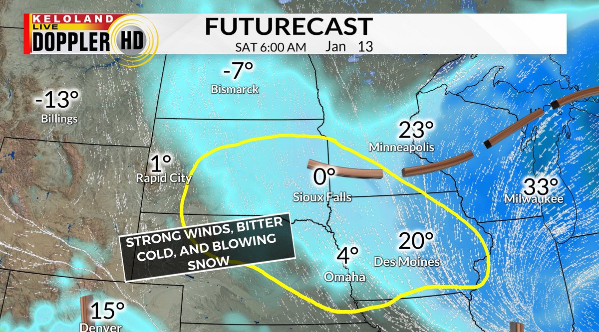 More winter weather is ahead in KELOLAND.  The combo of light snow, strong winds, and bitter cold across portions of KELOLAND looks rough on Saturday.  If winds gust 30-40mph with the polar front, expect more winter weather headlines ahead.  trib.al/CqNrFrX #kelowx