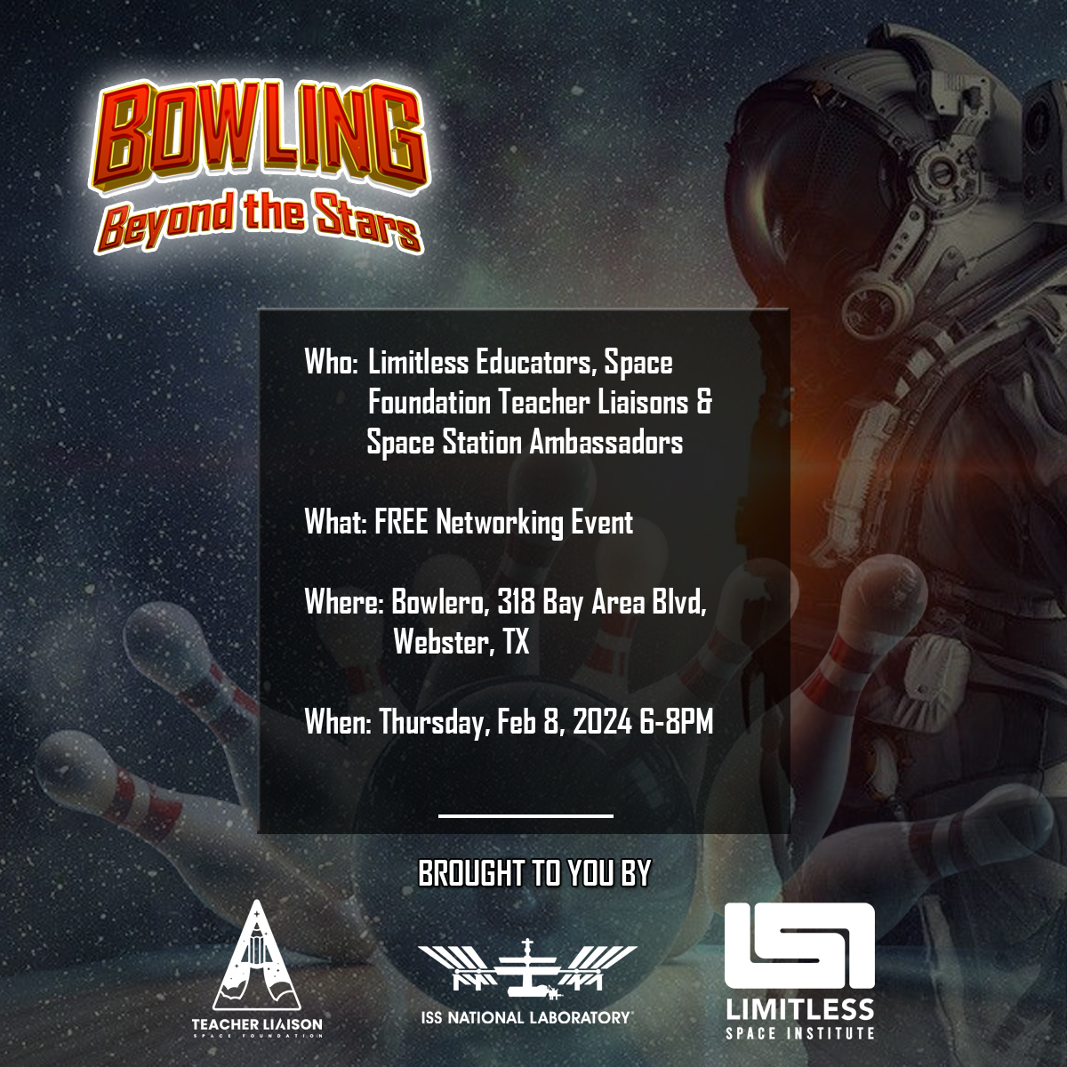 explorelsi's tweet photo. 🚀Join 'Strike Up Some Fun' on February 8, 2024! An exclusive collaboration by ISS National Lab, Limitless Space Institute, & Space Foundation Teacher Liaisons. Hurry, limited spots for the first 100 educators!
Secure your spot now: https://t.co/WloUp3NACj #SpaceEd
#Networking https://t.co/b1j9rMlolA
