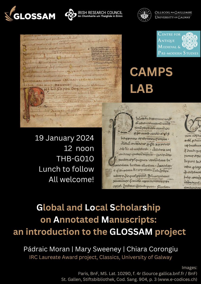 We are looking forward to the first CAMPS Lab of 2024, Friday 19/1 at noon @MooreInst. @PadraicMoran @sweeneymaryf and Chiara Corongiu from @GalwayClassics will introduce the @Glossam_project. All welcome!
