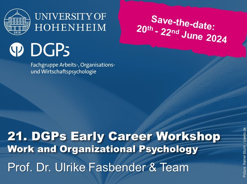 Die <a href="/UniHohenheim/">Uni Hohenheim</a> richtet vom 20.-22. Juni 2024 den 21. Early Career Workshop of Work and Organizational Psychology der <a href="/DGPs_Berlin/">Deutsche Gesellschaft für Psychologie (DGPs)</a> aus.
Weitere Informationen zum Workshop und zur Anmeldung gibt es hier: …rtschaftspsychologie.uni-hohenheim.de/118690?tx_ttne…