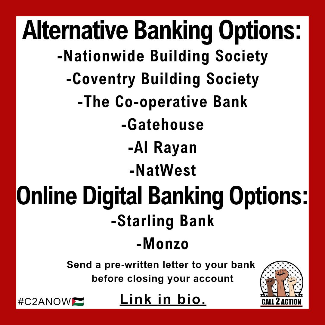 Call2actionnow's tweet photo. 📣TIME TO QUIT BANKING ON GENOCIDE!
BARCLAYS ❌
HSBC ❌
LLOYDS ❌
Click on (https://t.co/uplUS7qJje) to send a pre-written letter (2/2)
#EndGenocide #DontBankOnApartheid #C2ANOW🇵🇸 #boycottBarclays #boycottHSBC #boycottLloydsBank #targetBarclays #targetHSBC #targetLloydsbank https://t.co/U2C3nPZal7