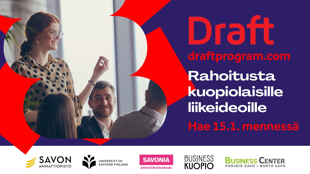 BusinessKuopio's tweet photo. Kuka tahansa kuopiolainen voi hakea omalla liikeideallaan Draft-ohjelmaan ja sen valmennukseen sekÀ saada rahoitusta alkuun pÀÀsemiseksi.
Hae 15.1. mennessÀ!
Lue lisÀÀ: https://t.co/1U8DREupI3
#draftprogram #businesskuopio #kuopio https://t.co/DyHJaI3hiy