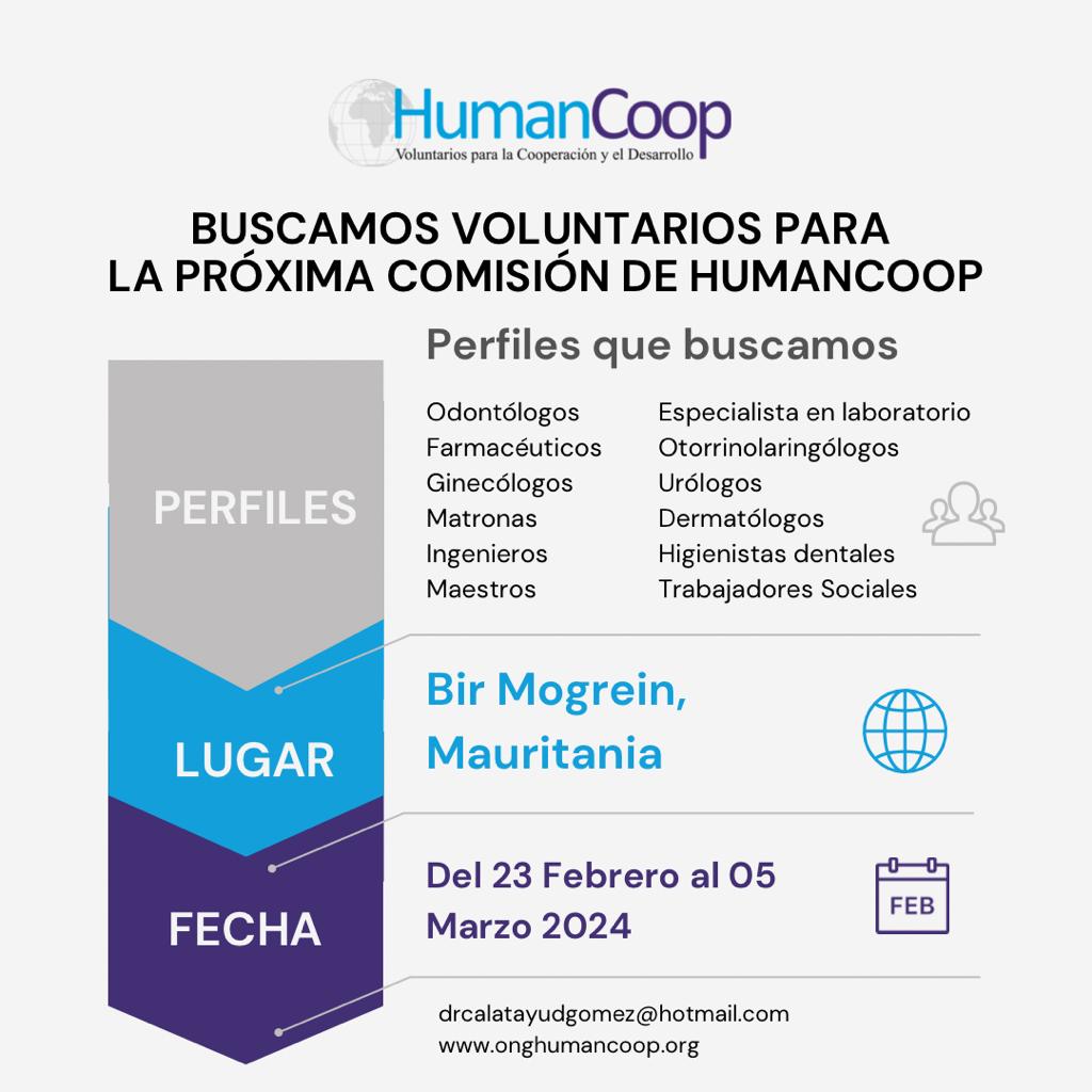 safh_info's tweet photo. AVISO: Informamos que la ONG #HumanCoop busca #farmacéuticos para su nueva Comisión Humanitaria en Bir Mogrein #Mauritania, que quieran ir como voluntarios a dicha zona para colaborar en sus proyectos de salud. Se trata de una estancia del 23 de febrero al 5 de marzo. https://t.co/V29dGkCYhI