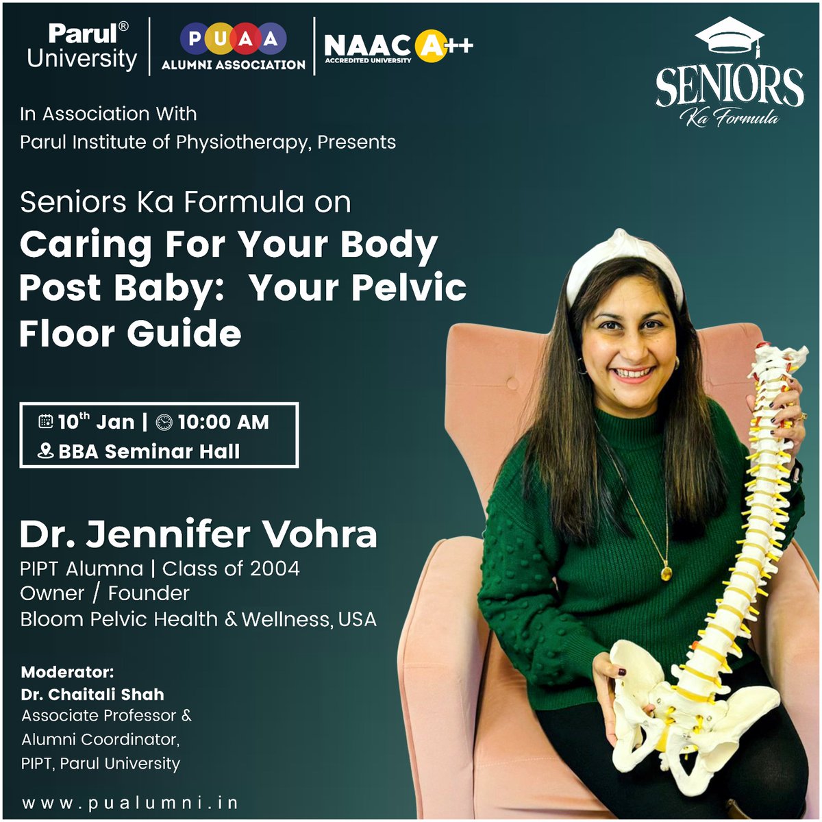 ParulAlumni's tweet image. Join us for an intriguing Seniors Ka Formula session featuring Dr. Jennifer Vohra, a distinguished PIPT alumna &amp;amp; the visionary founder of Bloom Pelvic Health &amp;amp; Wellness, USA.

#InternationalAlumniConnect
#SeniorsKaFormula
#PIPT #Classof2004
#PUAlumniAssociation
#ParulUniversity