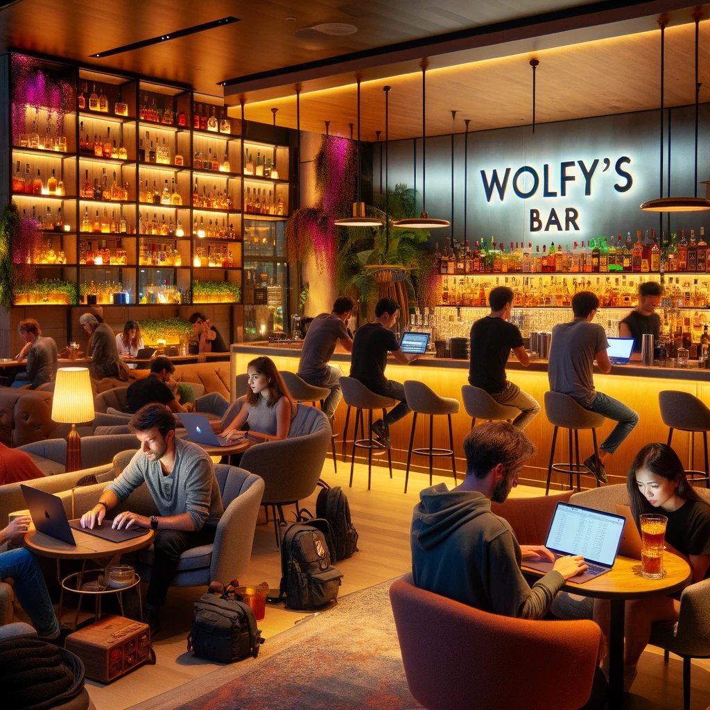 WolfysBar's tweet photo. Discovering the joys of remote work from Wolfy's Bar! 🍸 Amazing atmosphere, great coffee, and the kind of creative buzz that fuels productivity. #WorkFromBar #RemoteLife #WolfysBar https://t.co/psWA65EApe https://t.co/vpMgZZfsg8