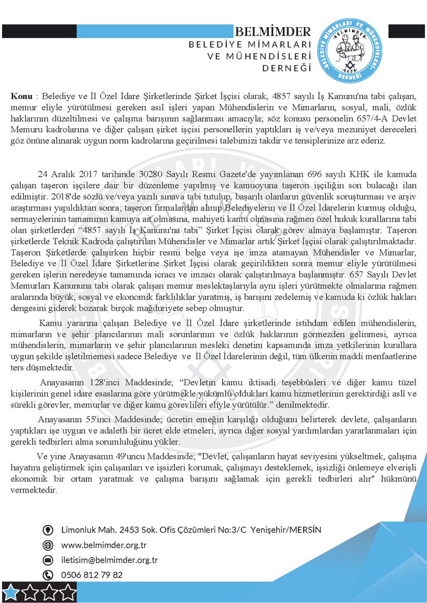 educatedbrain's tweet photo. Saygıdeğer Genel Başkan Yardımcım Prof. İpek ÖZKAL Hocam,

Belediye ve İl Özel İdare Şirketlerinde Şirket İşçisi olarak, 4857 sayılı İş Kanunu'na tabi çalışan, memur eliyle yürütülmesi gereken asıl işleri yapan Mühendislerin ve Mimarların, sosyal, mali, özlük haklarının düzeltilmesi ve çalışma barışının sağlanması amacıyla; söz konusu personelin 657/4-A Devlet Memuru kadrolarına ve diğer çalışan şirket işçisi personellerin yaptıkları iş ve/veya mezuniyet dereceleri göz önüne alınarak uygun norm kadrolarına geçirilmesi talebimizi takdir ve tensiplerinize arz ederiz.

Yüksek müsaadelerinizle "Sunum" dokümanımızı aşağıdaki linkte arz ederim.

https://t.co/AnVln725U2

Saygılarımla.
Belediye Mimarları ve Mühendisleri Derneği

@vekilince 
@ipekozkal
@atillaaytac58 
@mustafacglayan 
@MemleketimParti 

@ebasaksengul 
@tv100 

#belmimder 
#ToplumsalBeklentiler #BelediyeŞirketİşçileri 
#4MilyonBelediyeAilesi 

@MemurSenKonf 
@TurkiyeKamusen 
@Bem_Bir_Sen 
@turkiskonf 
@ArzuCerkezoglu
@diskinsesi 
@KESK1995
@TumIsKonf 
@DiSK_Genel_is
@Umut_Sendikasi

@dhainternet 
@ihacomtr 
@halktvcomtr 
@tele1comtr 
@yeniakit 
@yenisafak 
@benguturktv 
@GaffarYakinca 
@diyadinosman 
@trthaber 
@ulusalkanal 
@AydinlikGazete 
@tgrthabertv 
@olcudergisi
@gazetesozcu 
@BirGun_Gazetesi 
@Gazete_Yenicag 
@sondakika_com 
@evrenselgzt 
@memurlarnet 
@artigercek 
@gazeteduvar 
@yurtvedunyaorg 
@KararHaber 
@haber16_guncel 
@_BurcuUgur_
@gulermelike_ 
@asumanozer06 
@_ozgedemir_ 
@yasarustaportal 
@furkanclskn7 
@gazetesi_nokta