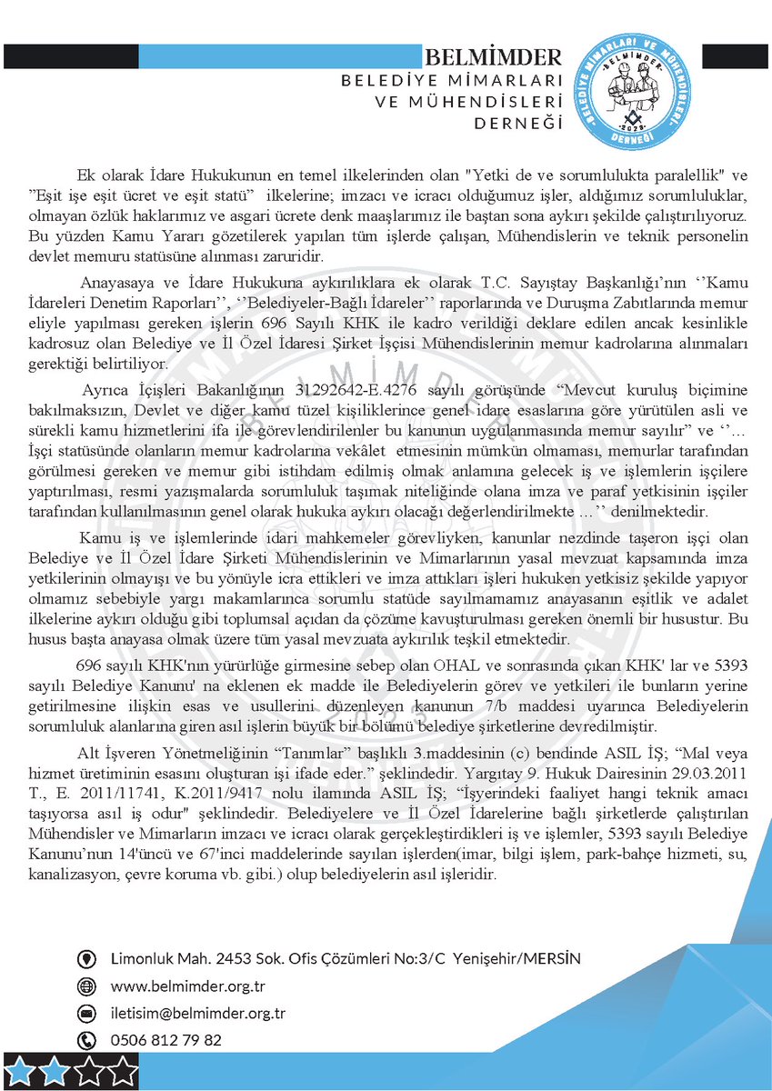 educatedbrain's tweet photo. Saygıdeğer Genel Başkan Yardımcım Prof. İpek ÖZKAL Hocam,

Belediye ve İl Özel İdare Şirketlerinde Şirket İşçisi olarak, 4857 sayılı İş Kanunu'na tabi çalışan, memur eliyle yürütülmesi gereken asıl işleri yapan Mühendislerin ve Mimarların, sosyal, mali, özlük haklarının düzeltilmesi ve çalışma barışının sağlanması amacıyla; söz konusu personelin 657/4-A Devlet Memuru kadrolarına ve diğer çalışan şirket işçisi personellerin yaptıkları iş ve/veya mezuniyet dereceleri göz önüne alınarak uygun norm kadrolarına geçirilmesi talebimizi takdir ve tensiplerinize arz ederiz.

Yüksek müsaadelerinizle "Sunum" dokümanımızı aşağıdaki linkte arz ederim.

https://t.co/AnVln725U2

Saygılarımla.
Belediye Mimarları ve Mühendisleri Derneği

@vekilince 
@ipekozkal
@atillaaytac58 
@mustafacglayan 
@MemleketimParti 

@ebasaksengul 
@tv100 

#belmimder 
#ToplumsalBeklentiler #BelediyeŞirketİşçileri 
#4MilyonBelediyeAilesi 

@MemurSenKonf 
@TurkiyeKamusen 
@Bem_Bir_Sen 
@turkiskonf 
@ArzuCerkezoglu
@diskinsesi 
@KESK1995
@TumIsKonf 
@DiSK_Genel_is
@Umut_Sendikasi

@dhainternet 
@ihacomtr 
@halktvcomtr 
@tele1comtr 
@yeniakit 
@yenisafak 
@benguturktv 
@GaffarYakinca 
@diyadinosman 
@trthaber 
@ulusalkanal 
@AydinlikGazete 
@tgrthabertv 
@olcudergisi
@gazetesozcu 
@BirGun_Gazetesi 
@Gazete_Yenicag 
@sondakika_com 
@evrenselgzt 
@memurlarnet 
@artigercek 
@gazeteduvar 
@yurtvedunyaorg 
@KararHaber 
@haber16_guncel 
@_BurcuUgur_
@gulermelike_ 
@asumanozer06 
@_ozgedemir_ 
@yasarustaportal 
@furkanclskn7 
@gazetesi_nokta