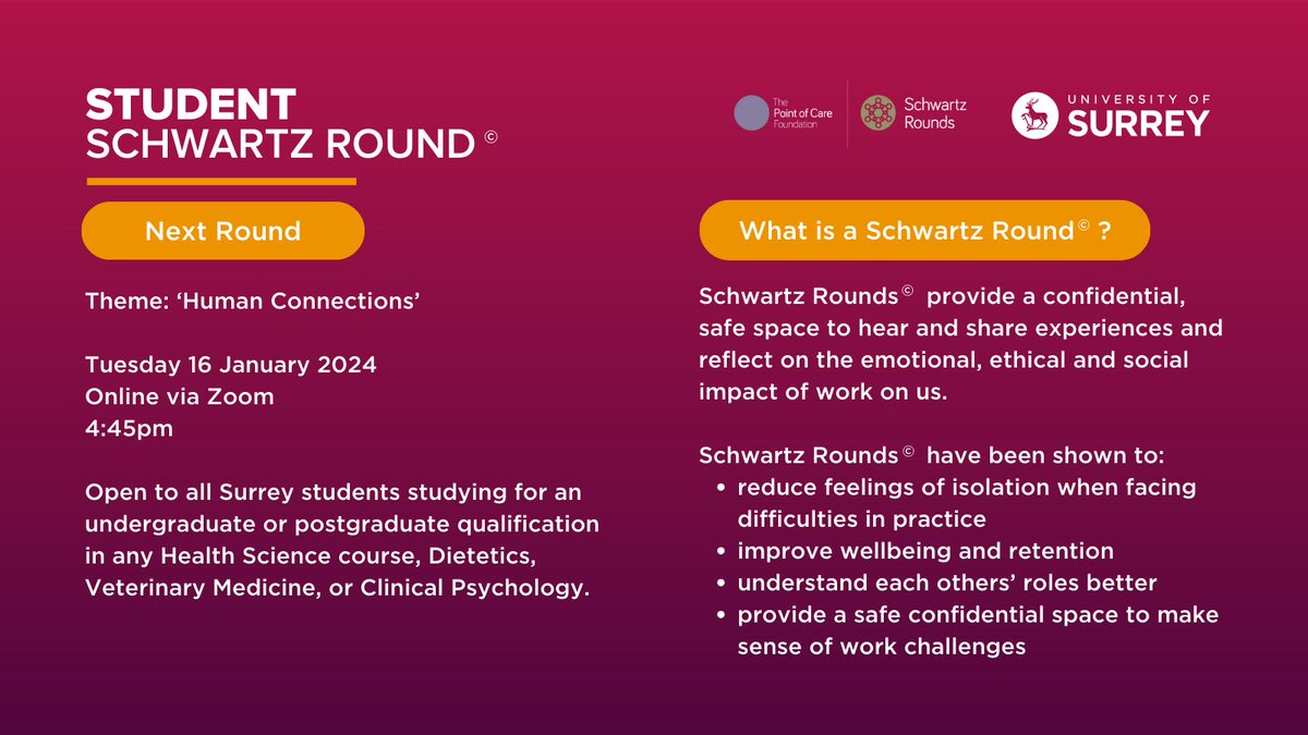 Join the next Student Schwartz Round on Tuesday 16 January, via Zoom. Book your free ticket here: ow.ly/Jwsu50QnLgL @UniOfSurrey @Schwartz_South #schwartzround