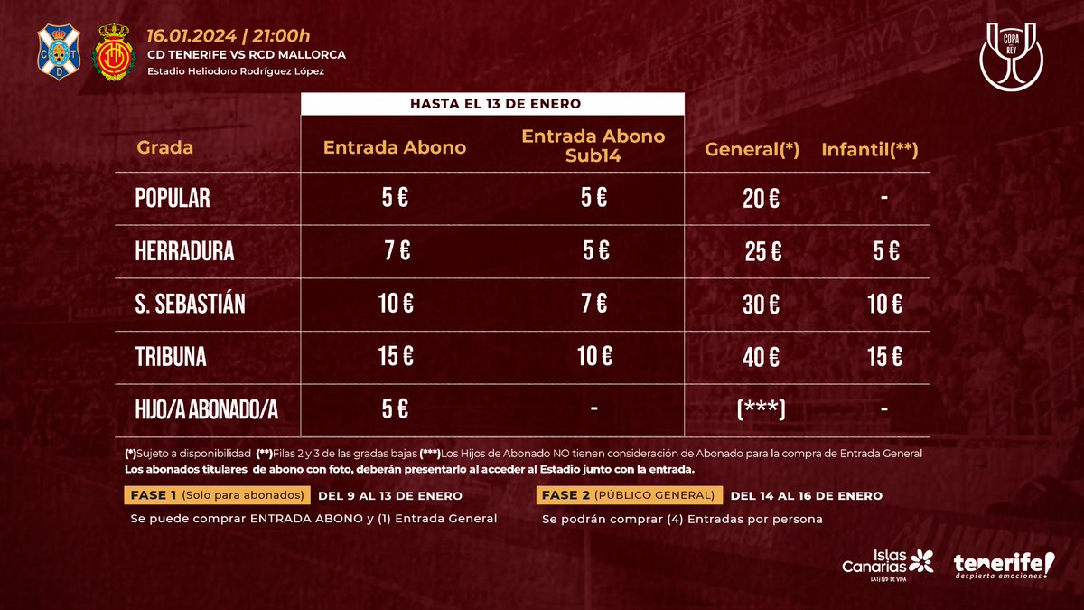CDTOficial's tweet photo. 🎟 Ya a la venta las entradas de los octavos de final de la #CopaDelRey para Abonados ⚪️🔵.

💻 https://t.co/bwmj3JZVra
🗓 Asiento reservado hasta el sábado, 13 de enero.

#TenerifeRCDMallorca #CopaDelRey #YoSoyElTenerife https://t.co/LZBo5036nk