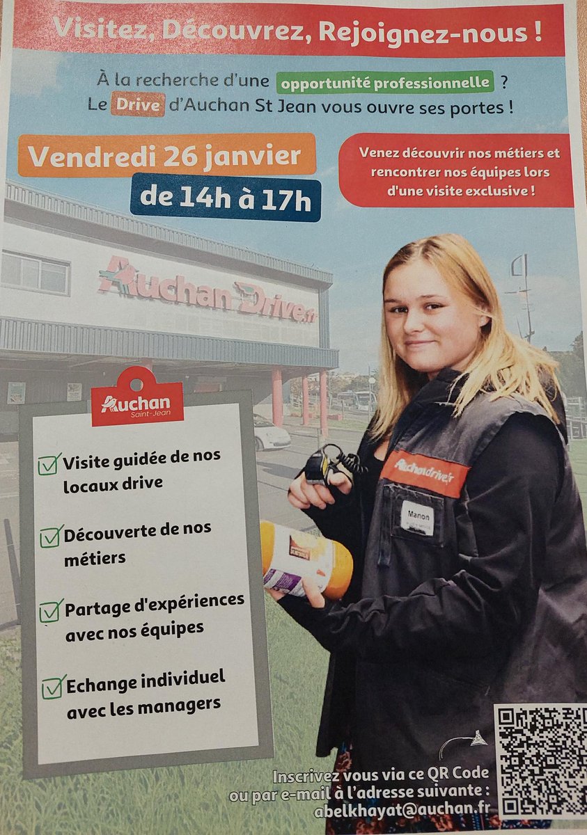 #Onestlàpourvous faire découvrir des #métiers et des #entreprises  📢avec les conseiller(es) France Travail Orléans Ouest, 📅venez découvrir le Drive Auchan le 2⃣6⃣ janvier prochain. De nombreuses opportunités proposées 😉@FTravail_RCVL
