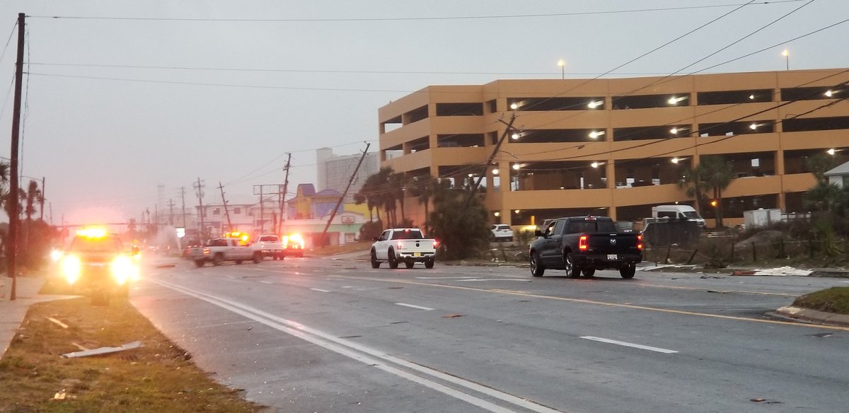 Large area of damage on Thomas Drive on east end of Panama City Beach from what was reported to be a strong tornado that witnesses said touched down and tracked towards Panama City. #wkgcstormcenter