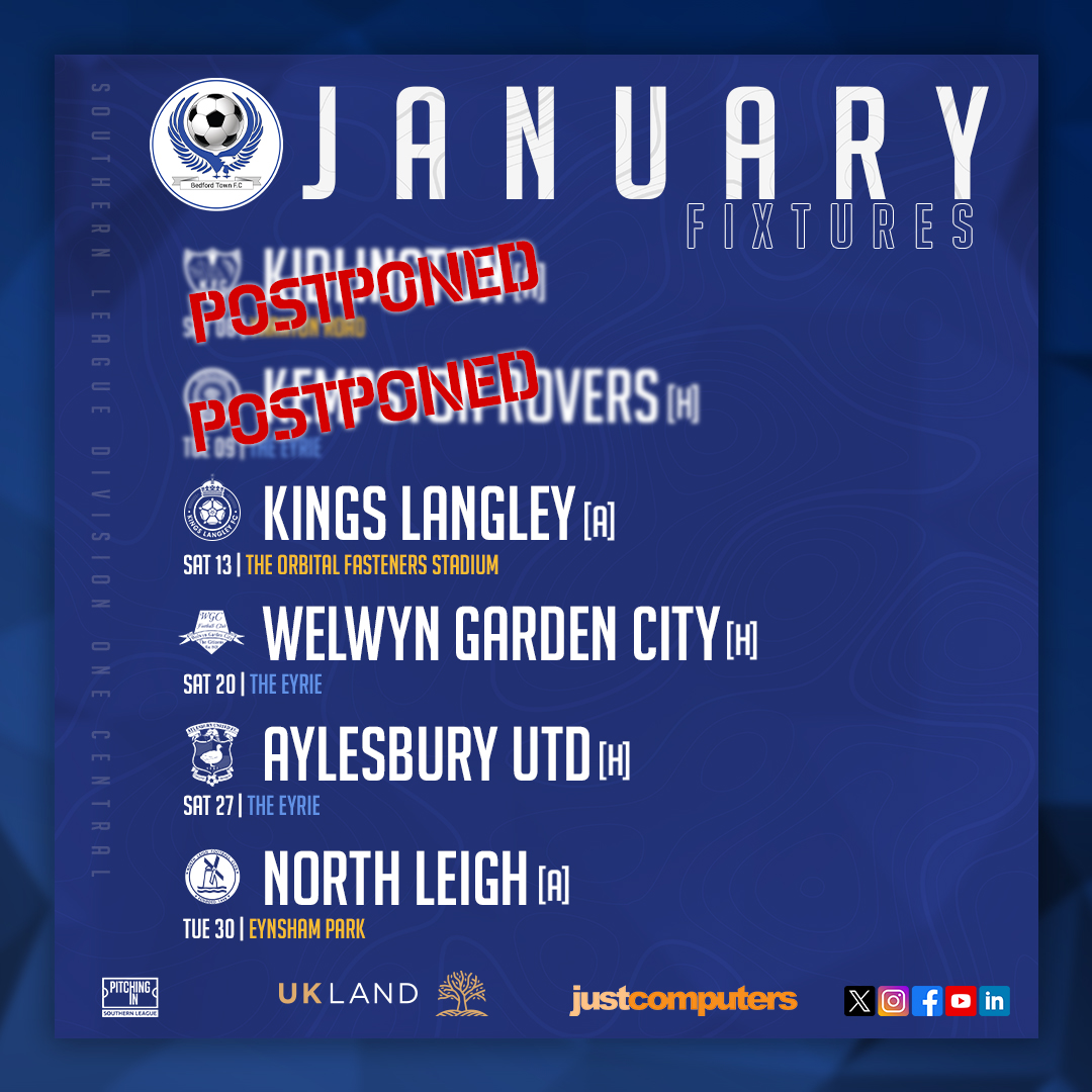 BedfordTown's tweet photo. 🫡 | Kicking off 2⃣0⃣2⃣4⃣

Let's try this again HERE'S (hopefully*) how January is looking for The Eagles

*𝘸𝘦𝘢𝘵𝘩𝘦𝘳 𝘥𝘦𝘱𝘦𝘯𝘥𝘦𝘯𝘵 ☔️

#COYE // #BeThe12th // #JanuaryFixtures https://t.co/rHLudfyGz1