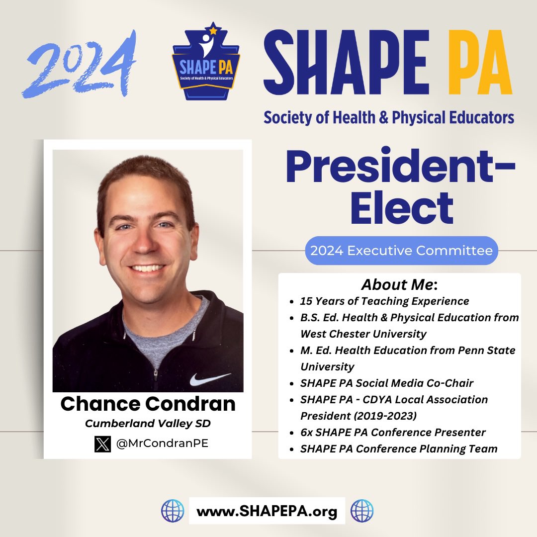 📢President-Elect Announcement❗️ 

We’re thrilled to have Chance Condran, <a href="/MrCondranPE/">Mr. Condran PE</a>, serve as our 2024 SHAPE PA President-Elect.

🔹Chance is currently an Elementary #Physed Teacher in the Cumberland Valley SD

🔹To learn more about Chance ⤵️ tinyurl.com/SHAPEPA24CC

<a href="/CVSDnews/">Cumberland Valley SD</a>