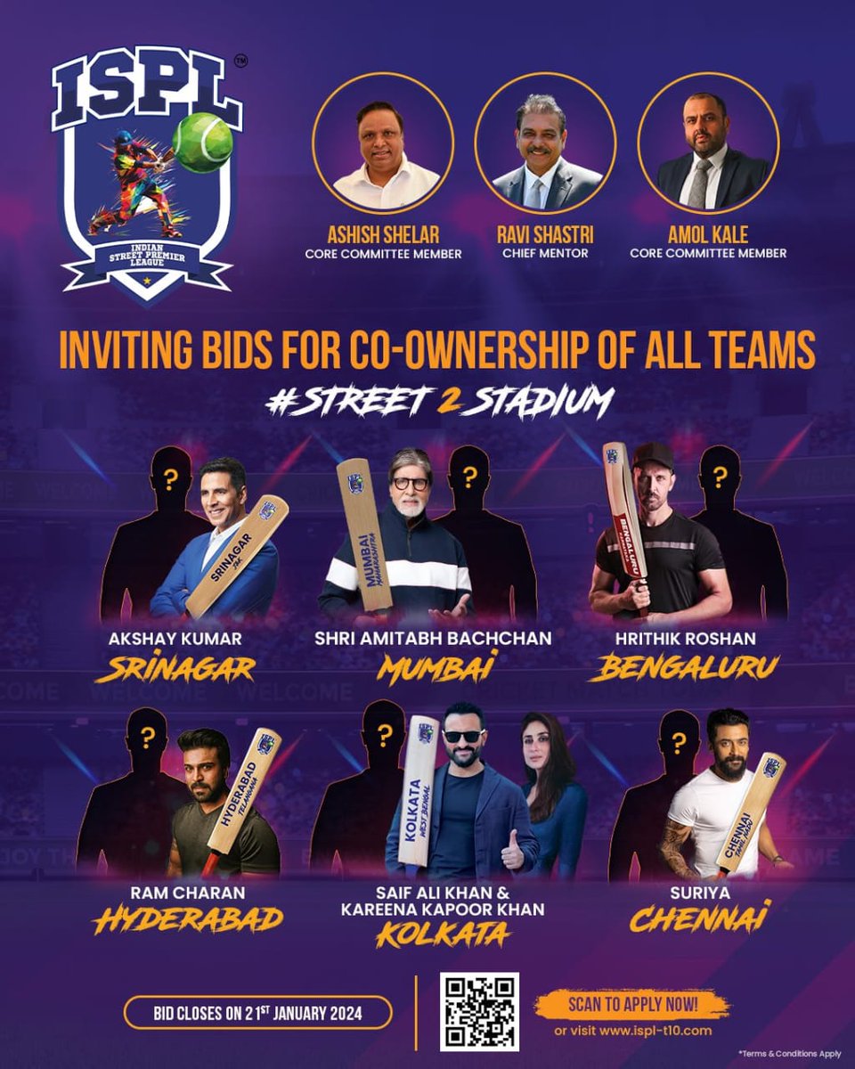 Get ready to join on a groundbreaking venture with global star, @AlwaysRamCharan, to jointly own the Hyderabad team in the Indian Street Premier League.
@AlwaysRamCharan
#ZindagiBadalDo #NewT10Era #EvoluT10n #Street2Stadium #SurajSamat @Amolkk1976 @ShelarAshish @RaviShastriOfc