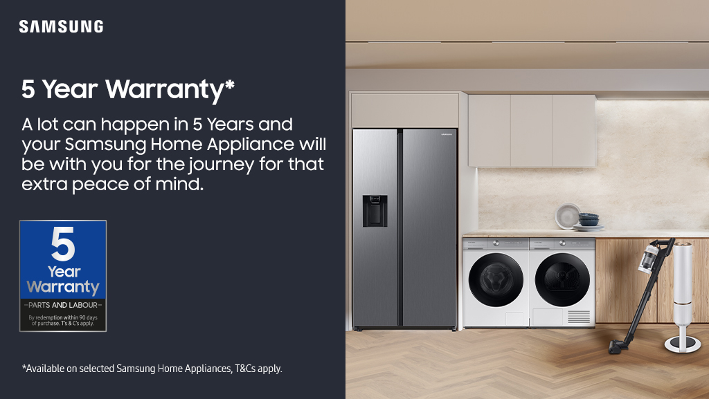 Grab extra peace of mind with @SamsungUK and receive a free 5-year warranty on selected home appliances. Available on the tech you can’t live without, grab a 5-year warranty on selected laundry and kitchen appliances. Take a look -> hughesdeals.co.uk/OxNUWs