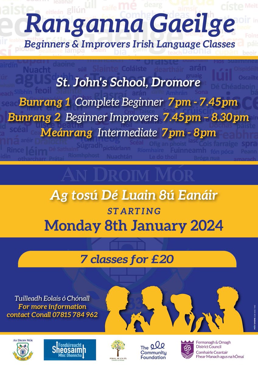 Irish language classes starting tonight. Come along, no matter what your level of Irish is.

Beatha teanga í a labhairt.

The life of a language is to speak it.

#GAAgaeilge 
#FSMD