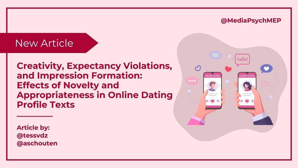 Do novel or appropriate dating profile texts affect romantic attractiveness? 💑📲 This study by <a href="/tessvdz/">Tess van der Zanden</a> &amp; @aschouten investigates the two creativity dimensions to explain effects of impression formation. 👨🏼‍🤝‍👨🏻💘 Read the article here: tinyurl.com/2s3vedjf