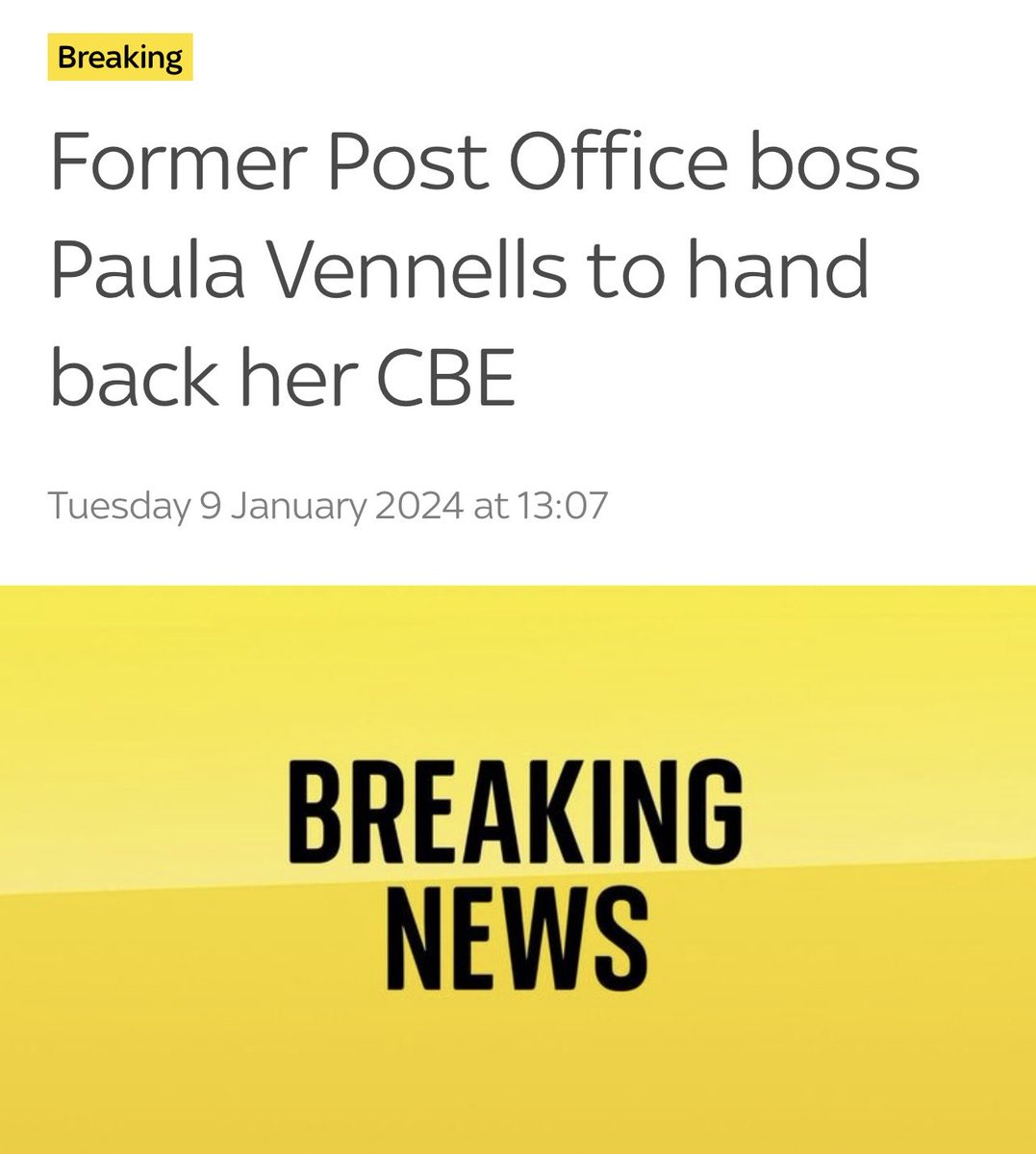BREAKING 

Paula Vennells has decided to hand back her CBE 

I want to know who approved her CBE in 2019.  Which person/politician, knowing all that was known by then, proposed her? 

In 2019 the Post Office was STILL forcing sub postmasters to close down.