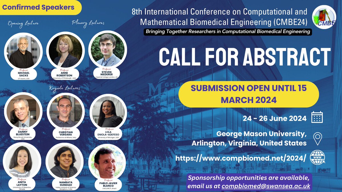 📢 Call for Abstracts Alert! 📢 The call for abstract submissions for #CMBE24 is open! Share your groundbreaking work in Computational & Mathematical Biomedical Engineering with a global audience. Submissions close on March 15, 2024. #CallForAbstracts #BiomedicalEngineering #CFP