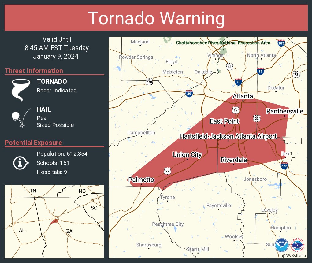 NWSAtlanta's tweet photo. Tornado Warning including Atlanta GA, Hartsfield-Jackson Atlanta Airport GA and  East Point GA until 8:45 AM EST https://t.co/IQjNUpFgVB