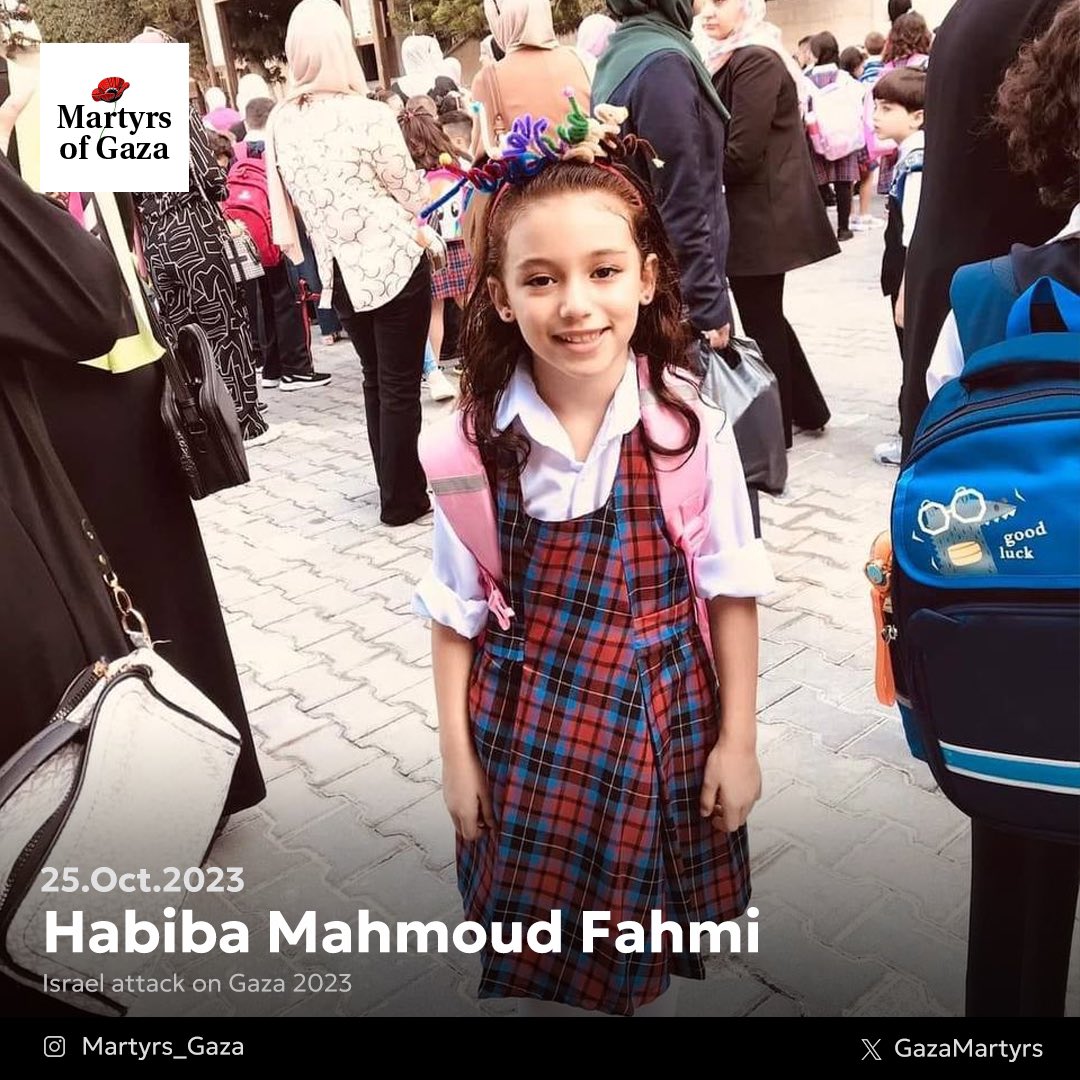 "I wasn't holding a gun; I was just drawing with my brushes"

The martyr child, Habiba Mahmoud Fahmi Abdelqader.

I am Habiba, 8 years old, from Gaza. I have beautiful red hair. I study in the third grade, and my grades are always high. I love my father and my only brother, Omar.