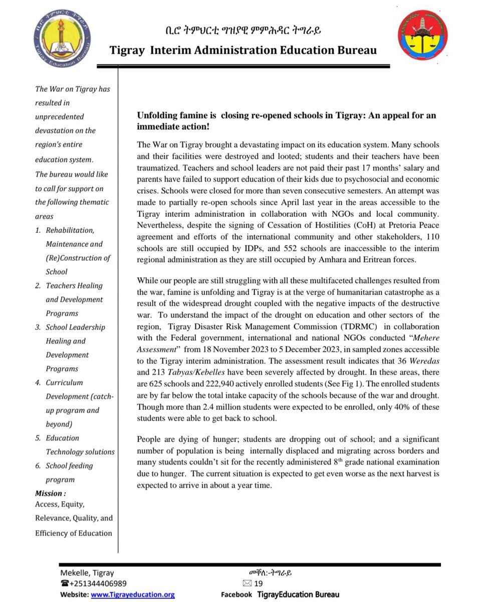 TigEduc's tweet photo. Unfolding famine is closing reopened schools in Tigray. An Appeal for an immediate action

@USAIDEthiopia 
@UNICEFEthiopia 
@EduCannotWait 
@GPforEducation 
@UNESCO https://t.co/QFCRyNRnSQ