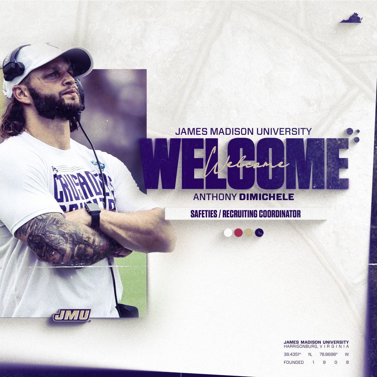 JMU Football (@jmufootball) on Twitter photo Let's welcome Anthony DiMichele to the 'Burg!
Coach DiMichele will coach safeties and serve as the recruiting coordinator.
#GoDukes | <a href="/Coach_DiMike/">Anthony DiMichele</a> Let's welcome Anthony DiMichele to the 'Burg!
Coach DiMichele will coach safeties and serve as the recruiting coordinator.
#GoDukes | <a href="/Coach_DiMike/">Anthony DiMichele</a>