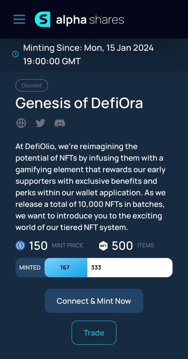 🔥#LFG DefiOlio!🔥

167 Genesis of DefiOra #NFTs have been minted so far by OGs ALONE! 👀💎

Just wait until we open the whitelist and public mints! 😎🔥

We would like to thank every single community member for all the support, you guys are the foundation of DefiOlio! ❤️

#NFT