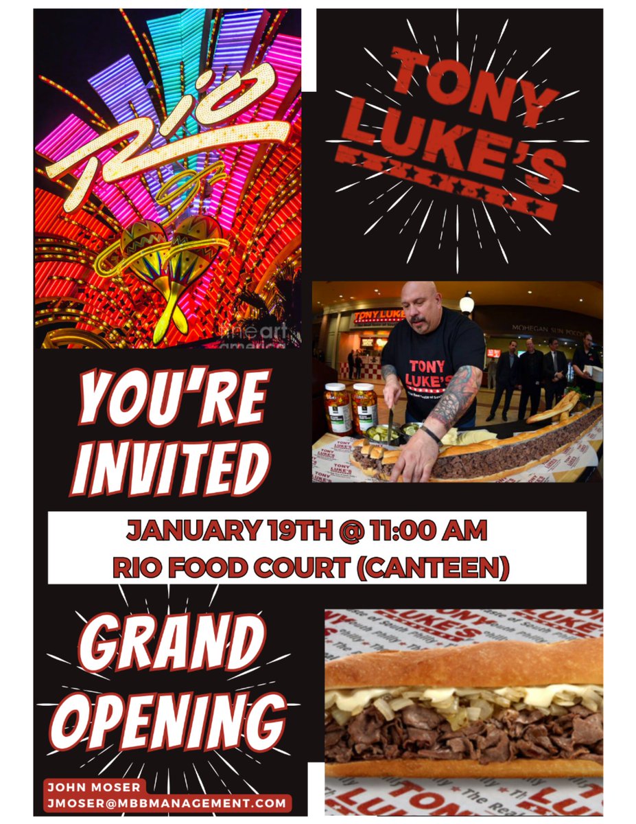 tonylukes's tweet photo. Join Tony Luke Jr. at the Rio Hotel & Casino Las Vegas for the newest Tony Luke's Grand Opening on January 19! Remember, 'What happens in Vegas & Tony Luke's, stays there!" Hope to see you on the 19th!
.
.
.
#riovegas #casino #lasvegas #cheesesteaks #tonylukes #phillycheesesteak https://t.co/YoSp81tb3P