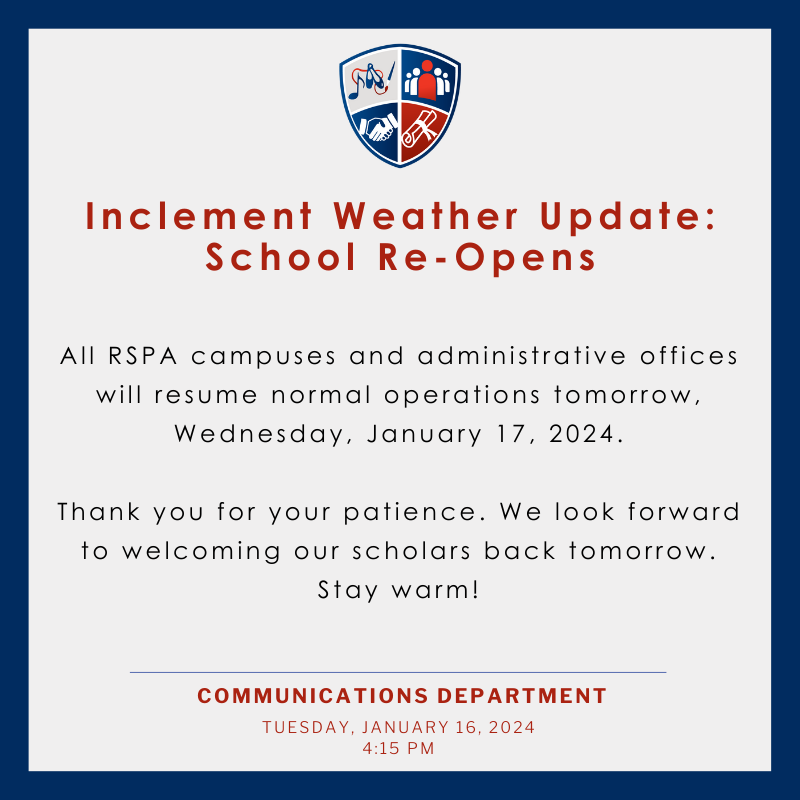 Inclement Weather Update ⚠

#WinterWeatherUpdate #RhodesSchool #WeAreCrew #RSPA #NowEnrolling #STEM #STEAM #PerformingArts #TexasCharterSchool
