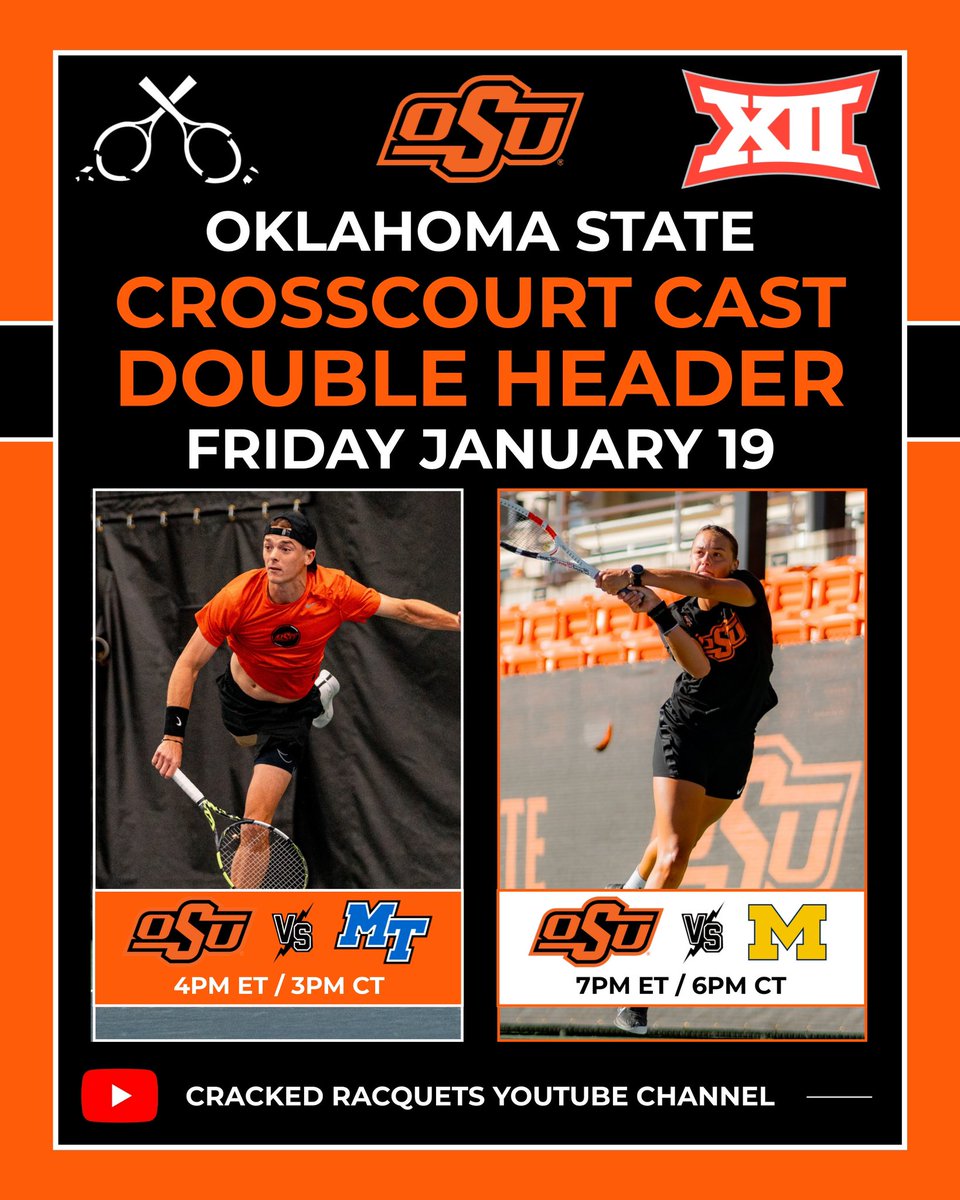 Our @CrossCourt_Cast is back! Join @AlGruskin for a doubleheader this Friday live from Stillwater. 4pm ET @MT_MensTennis at @CowboyTennis Follow by #5 @UMichWTennis at #6 @CowgirlTennis 📺: youtube.com/@CrackedRacque…