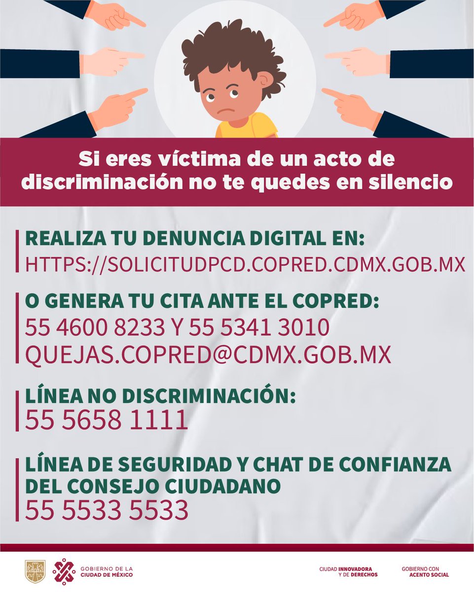 GobCDMX's tweet photo. Si eres víctima de un acto de discriminación, el Gobierno de la Ciudad de México pone a tu disposición los servicios de @COPRED_CDMX, donde te brindarán atención especializada ante cualquier tipo de discriminación. 👩🏽‍🦽🤰🏳️‍🌈 https://t.co/i4j1lKGCg8