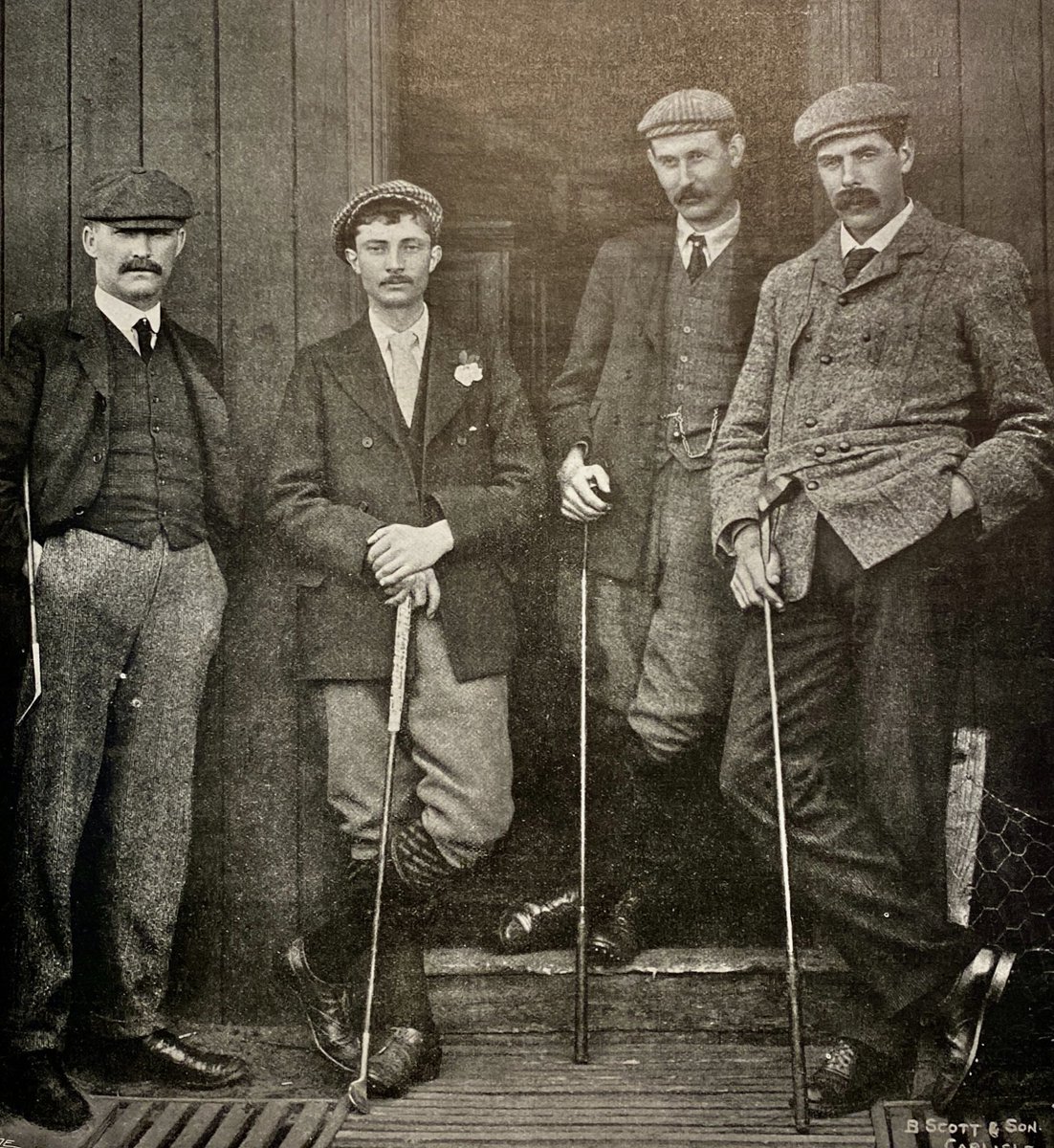 Photo was entitled: ‘The Triumvirate & Renouf’ in 1902 @sillothgolfclub - L to R Taylor, Renouf, Vardon and Braid. - 16 Opens between them…