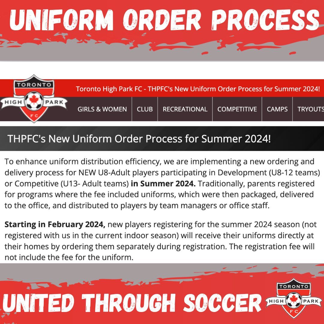 👕 Exciting News for THPFC Players! Starting in Summer 2024, we're revolutionizing the uniform process for an enhanced experience. Uniforms will now be delivered to your homes. All you need to know is on our website- thpfc.ca/club-news/?a=a… #THPFC #Summer2024 #SoccerSeasonReady
