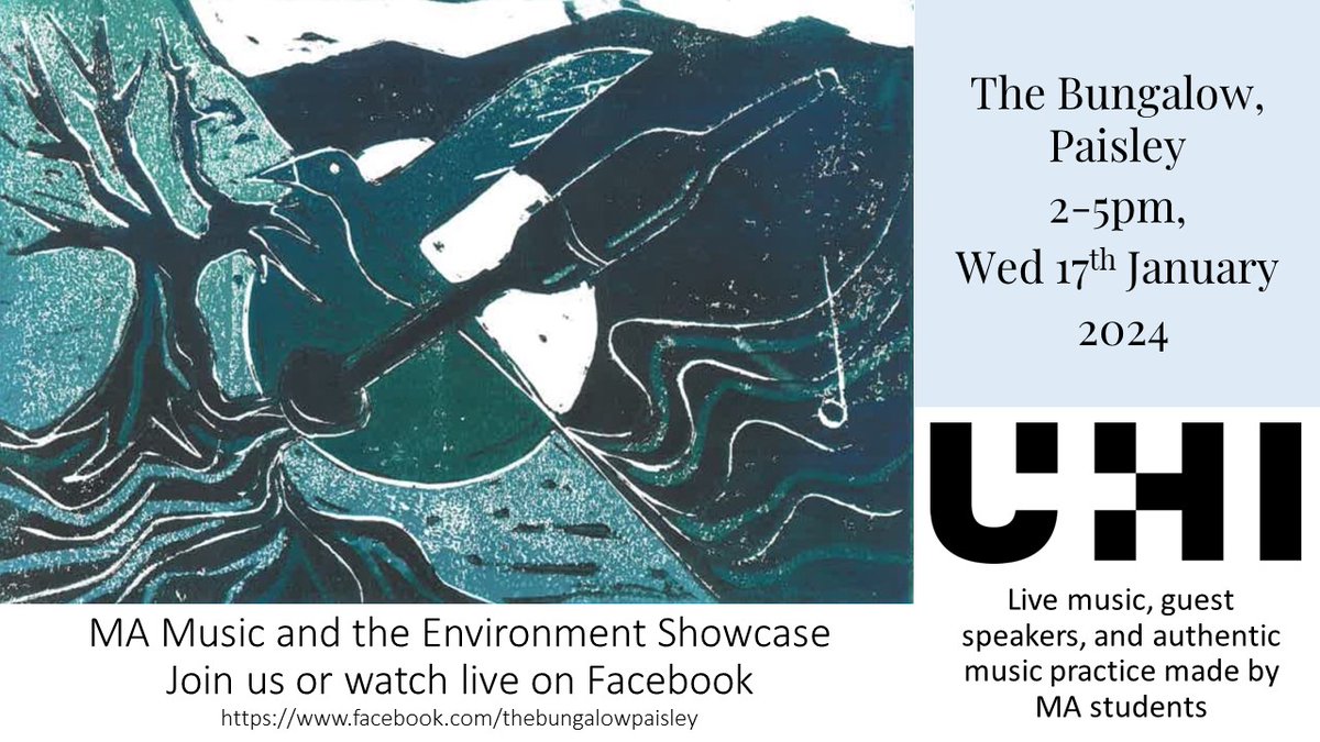 Looking forward to our annual <a href="/MATEUHI/">Music and the Environment</a> showcase tomorrow afternoon in <a href="/BungalowPaisley/">The Bungalow</a>. Live music, guest speakers and students creative output. <a href="/AnnawendyS/">Anna-Wendy Stevenson</a> <a href="/peterjnoble1/">Peter Noble</a> <a href="/ThinkUHI/">UHI</a> @TRACScot