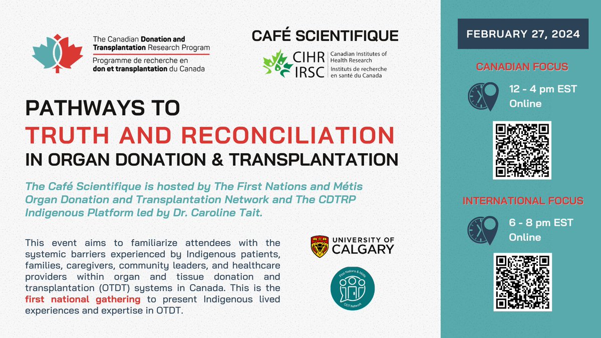 Registration is now open for Dr. Caroline Tait’s 'Pathways to Truth and Reconciliation: Organ Donation and Transplantation' Café Scientifique. Register now 👉 bit.ly/3SbjHpX