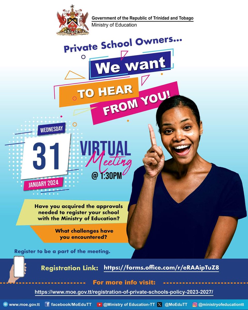 MoEduTT's tweet photo. 🔗 Register in advance: https://t.co/9C1qMOCNVW 

 Let's make this discussion productive!  We want to hear from You!

🇹🇹For more information on the registration of private schools 🇹🇹 visit >> https://t.co/08nLUeQAPX

🤝 #EducationMeeting #PrivateSchools #RegistrationMatters https://t.co/ZJ07tqj8s7