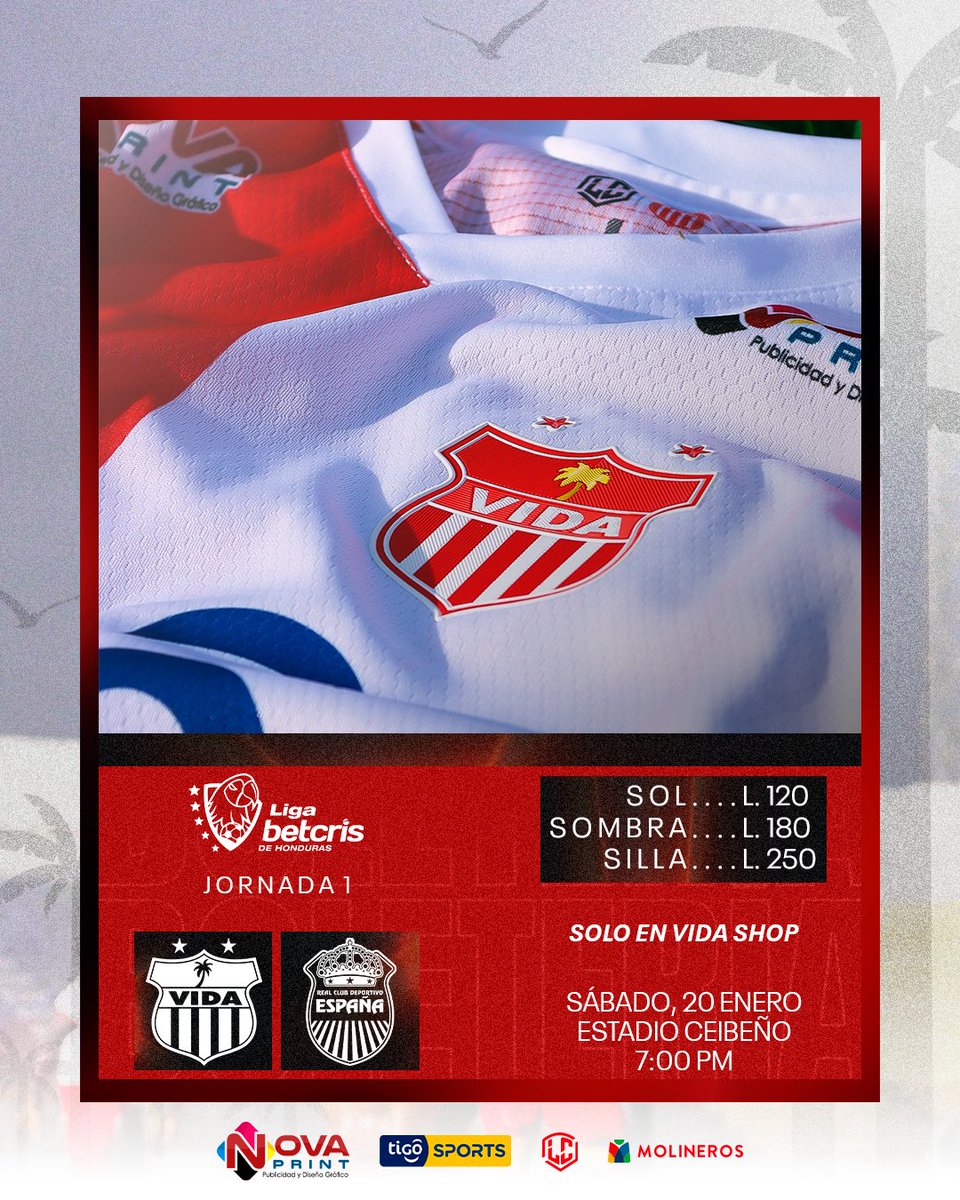 cdsvidaoficial's tweet photo. ¡𝗝𝗨𝗘𝗚𝗔 𝗘𝗟 𝗥𝗢𝗝🔴!
➡️Boletería Disponible 💯
.
Jornada 1️⃣ @lnphonduras 
🥥 Vida vs R. España 🚂
🗓️ Sáb - 20 Ene. - 7 pm
🏟️ Est. Ceibeño
☀️Sol L 120
☂️Sombra L 180
💺Silla L 250
De Venta Únicamente en #VidaShop 🛍️ https://t.co/t0iN8DJ5FV