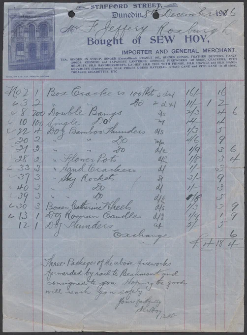 An invoice on blue paper. The printed billhead shows a building (Stafford Street, Dunedin) and includes the words 'Bought of Sew Hoy'. Below is a handwritten list of fireworks ordered and their prices. Reference number Misc-MS-1688/001.
