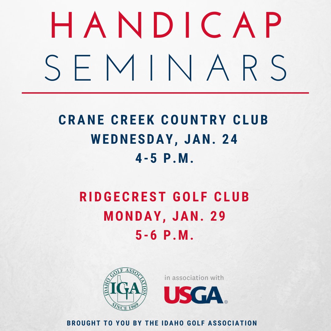 Just a reminder for all our Treasure Valley golfers about our upcoming Handicap Seminars! No RSVP needed. Just come on out and join us as we discuss the upcoming changes to the World Handicap System™ that were just implemented by the @USGA. #idahoga #idahogolf