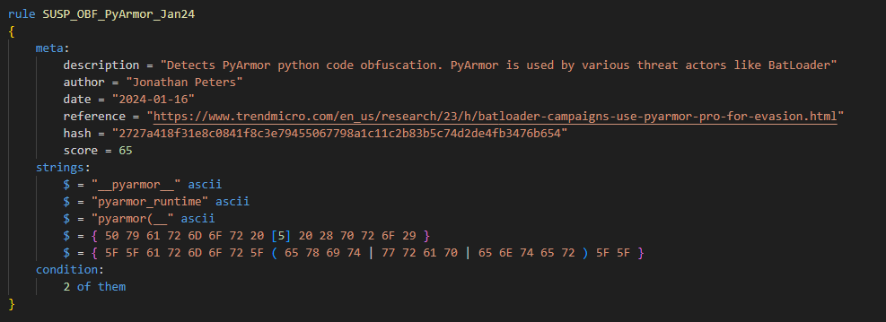 #100DaysOfYara Day 16: 
Today I wrote a rule for the PyArmor python obfuscator. A simple rule checking for common strings used by the obfuscators runtime. Also contributing this to #UnprotectProject

github.com/cod3nym/detect…